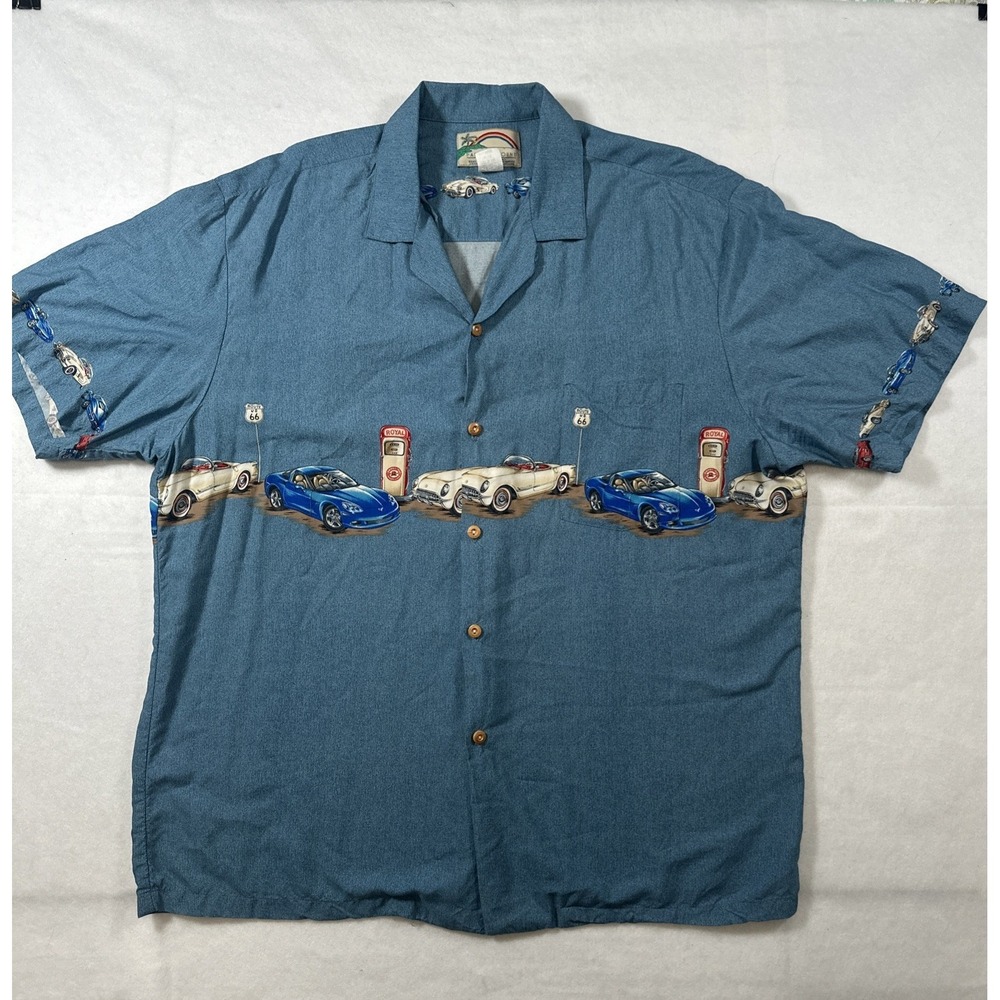 Vintage Paradise Found Hawaiian Shirt Mens XL Rayon Route 66 Classic Cars Hawaii